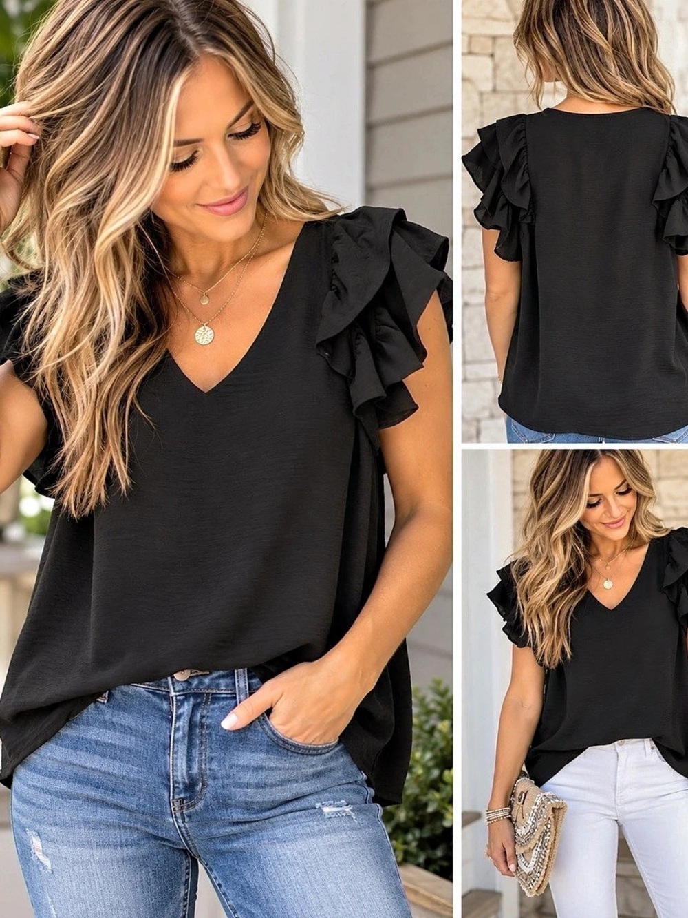 Umgee Black Ruffle Sleeve Blouse Size XL
